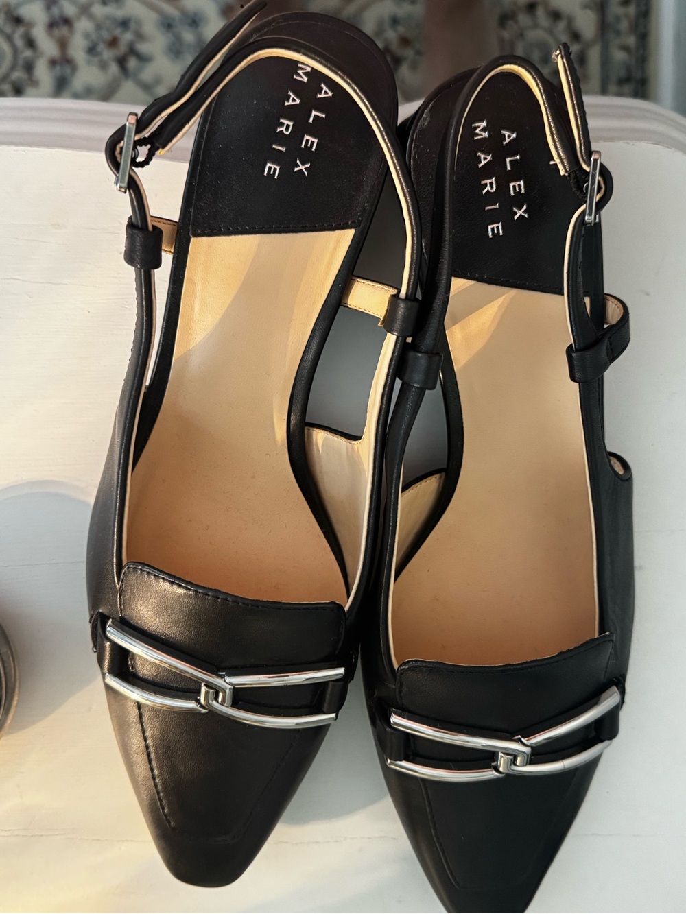 Alex Marie Black Pointed Slingback Flats with Silver Buckle